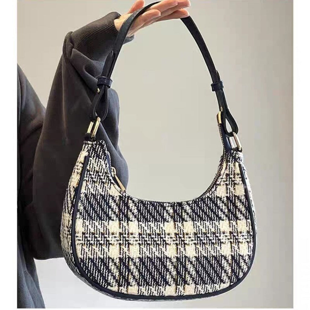 Plaid hobo bag small, crescent shoulder handbag, small shoulder purse for women