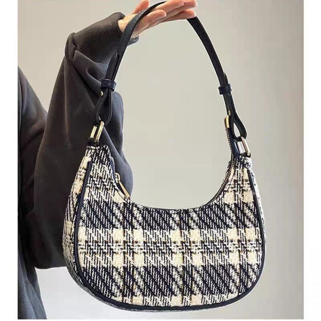 Plaid hobo bag small, crescent shoulder handbag, small shoulder purse for women