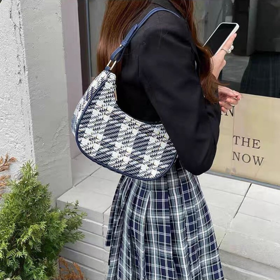 Plaid hobo bag small, crescent shoulder handbag, small shoulder purse for women