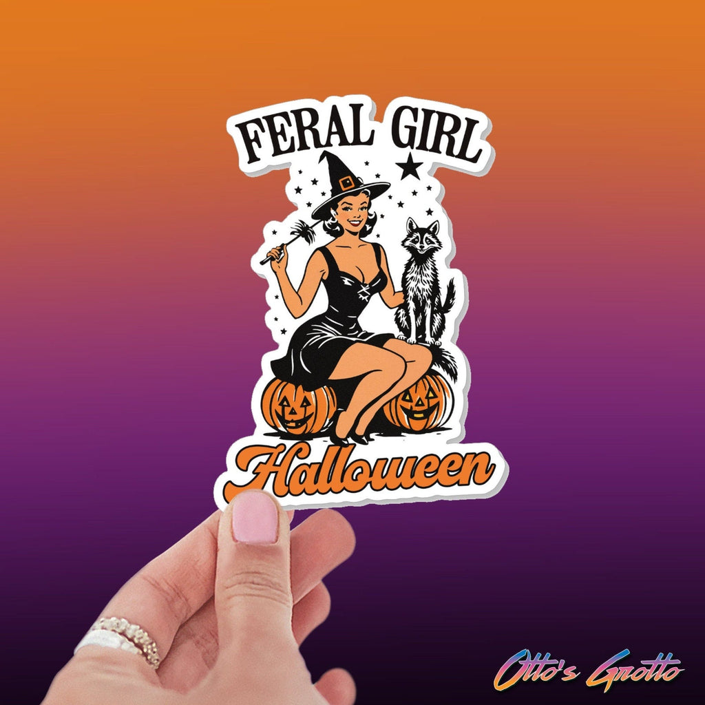 Feral Girl Halloween Sticker | Retro Witch & Raccoon Sticker | Cute Halloween Sticker | Vintage-Inspired Spooky Sticker | Witchy