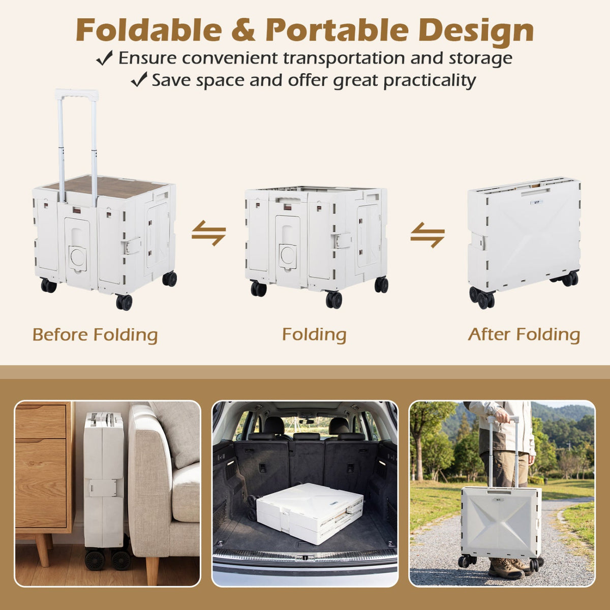 Foldable Rolling Utility Cart with Cup Holder