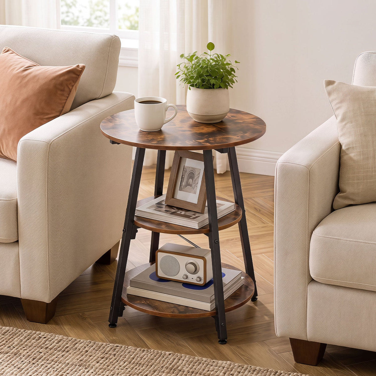 3-Tier Industrial Side Table with Metal Frame
