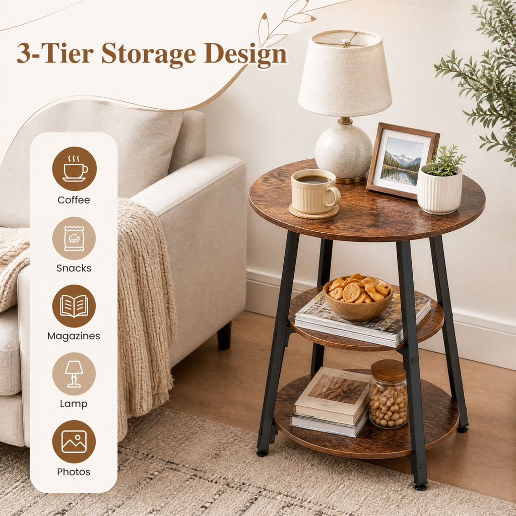 3-Tier Industrial Side Table with Metal Frame