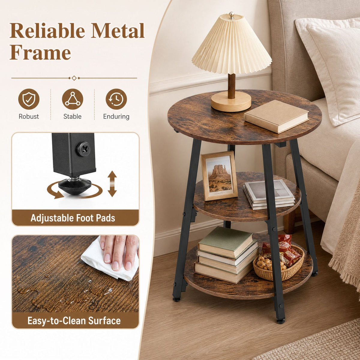 3-Tier Industrial Side Table with Metal Frame