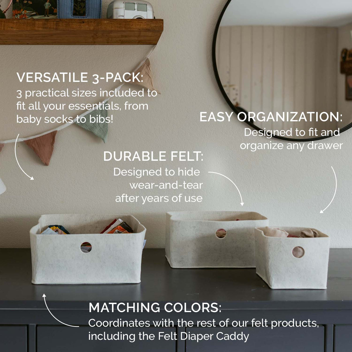 3-Pack Felt Drawer Organizer Bins