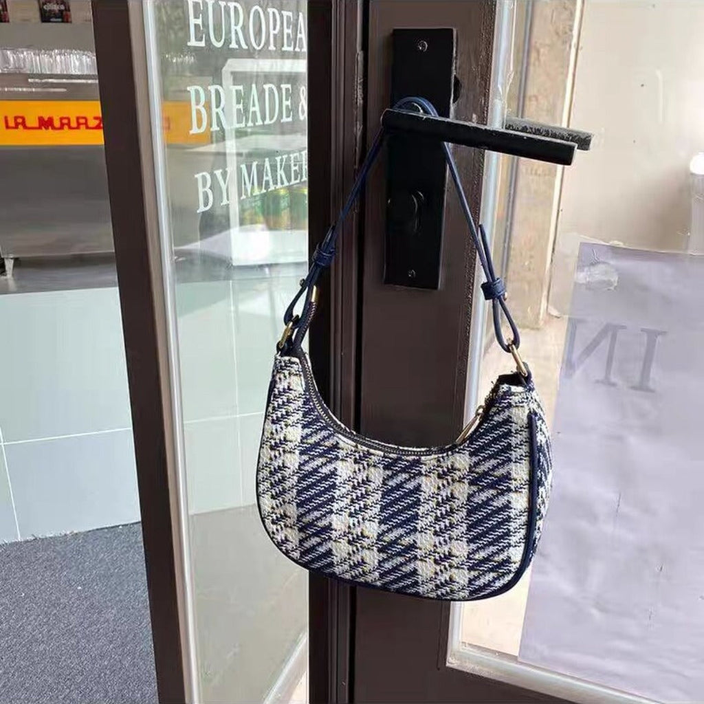Plaid hobo bag small, crescent shoulder handbag, small shoulder purse for women