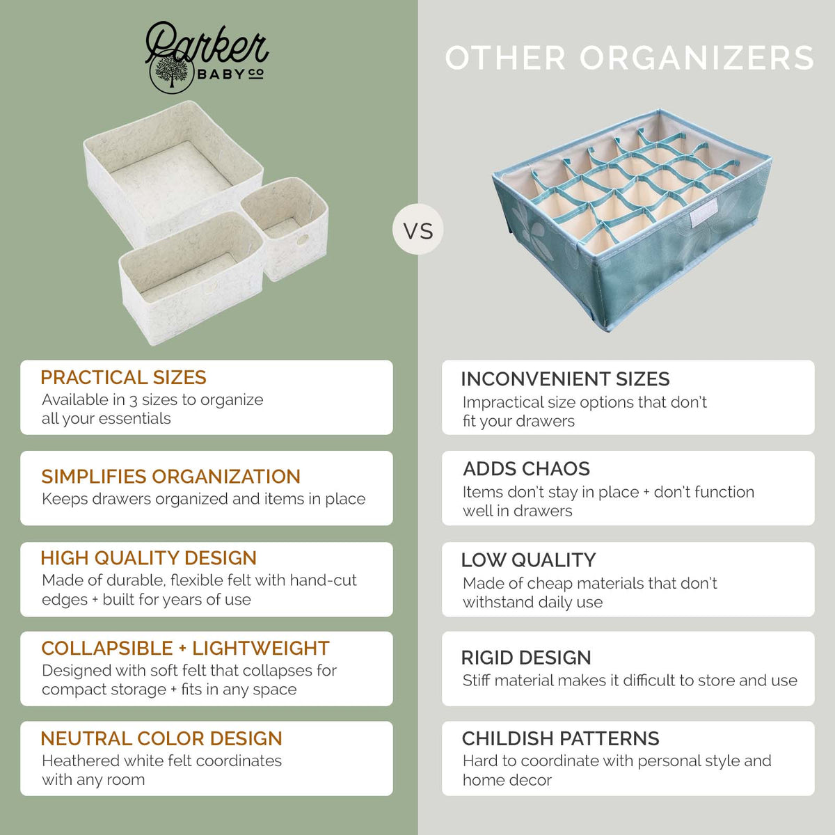 3-Pack Felt Drawer Organizer Bins